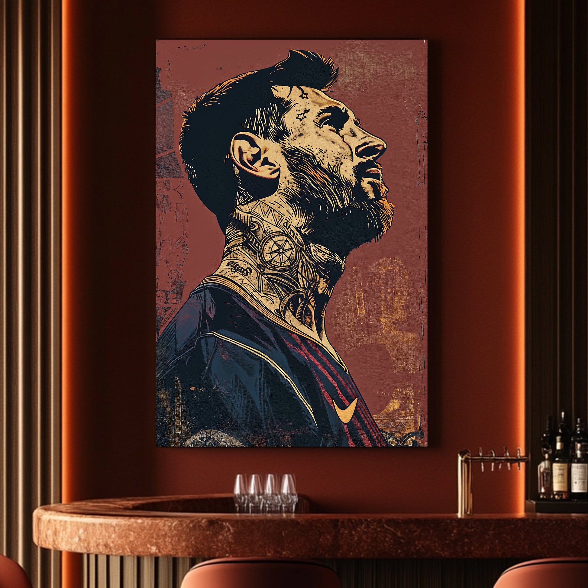 A manipulated graphic poster of Lionel Messi during his tenure in Barcelona available on canvas and metal print