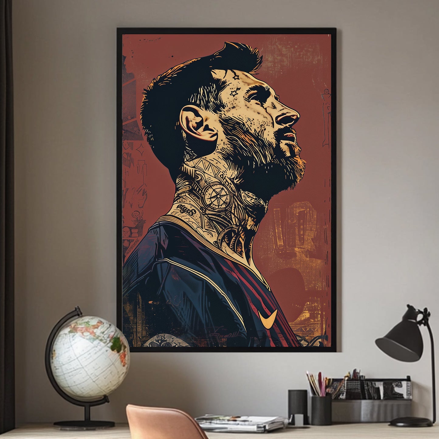 A manipulated graphic poster of Lionel Messi during his tenure in Barcelona available on canvas and metal print