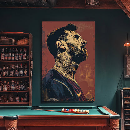 A manipulated graphic poster of Lionel Messi during his tenure in Barcelona available on canvas and metal print