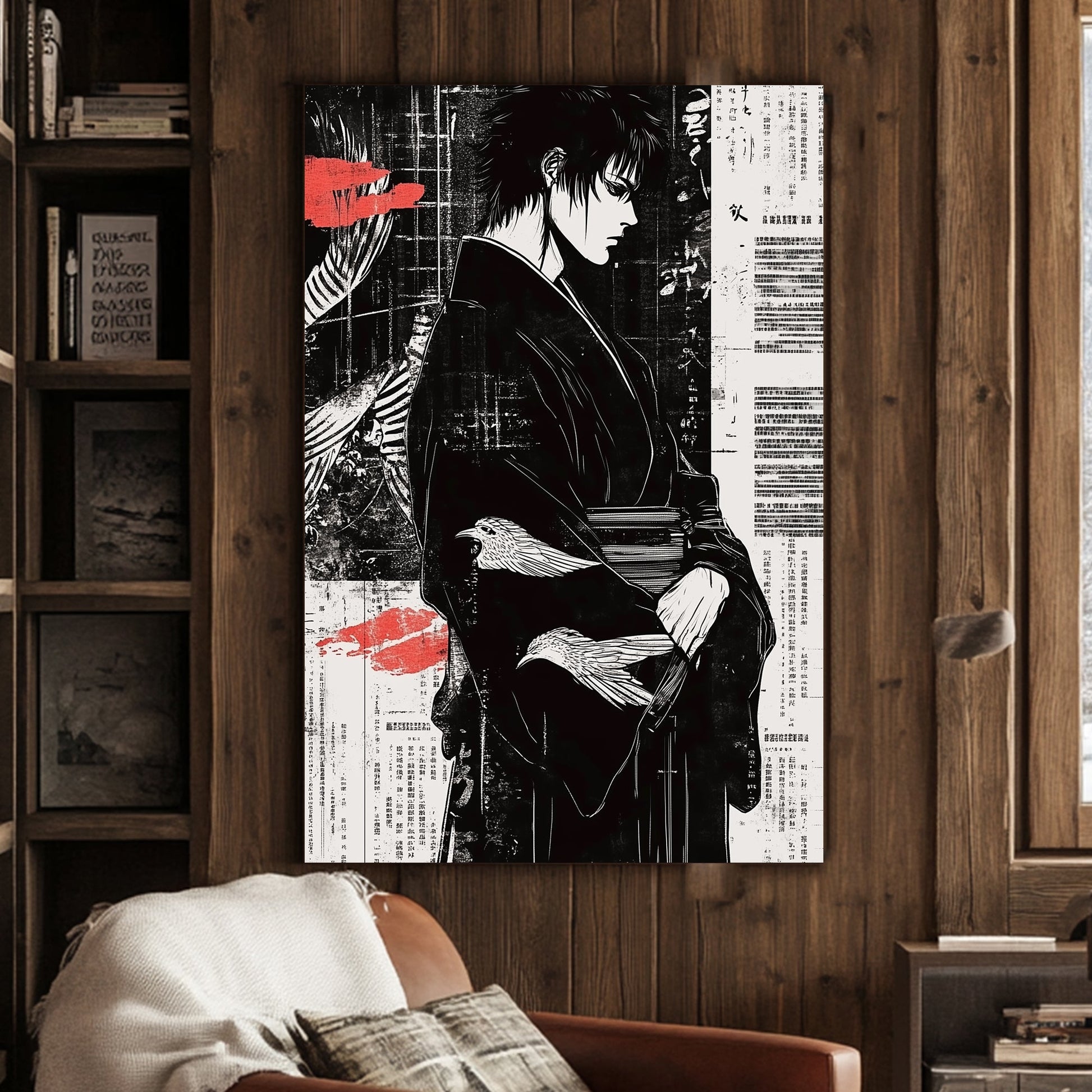 A drawing of an anime samurai on a Japanese stylized background available on canvas and metal print