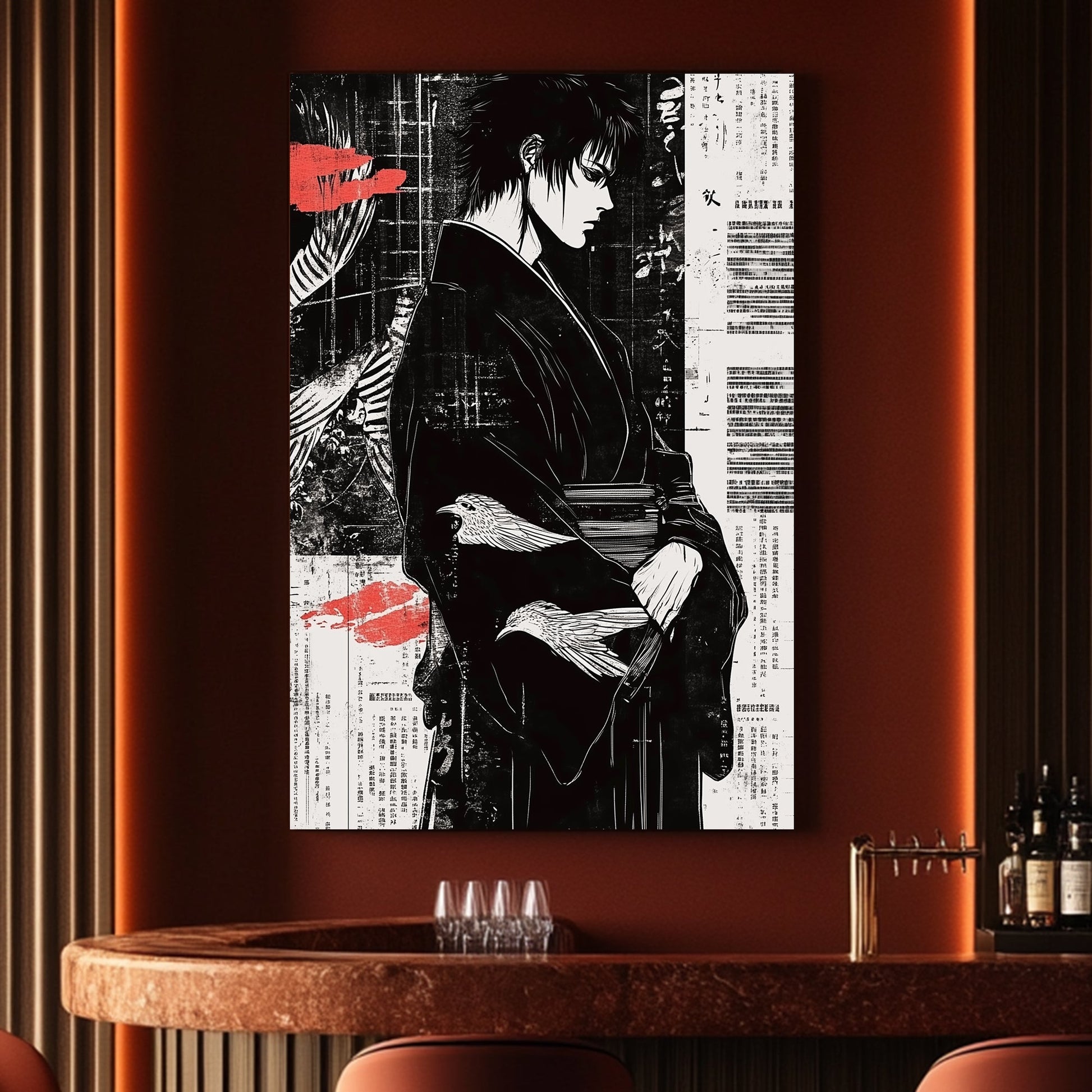 A drawing of an anime samurai on a Japanese stylized background available on canvas and metal print