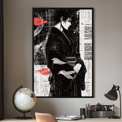 A drawing of an anime samurai on a Japanese stylized background available on canvas and metal print