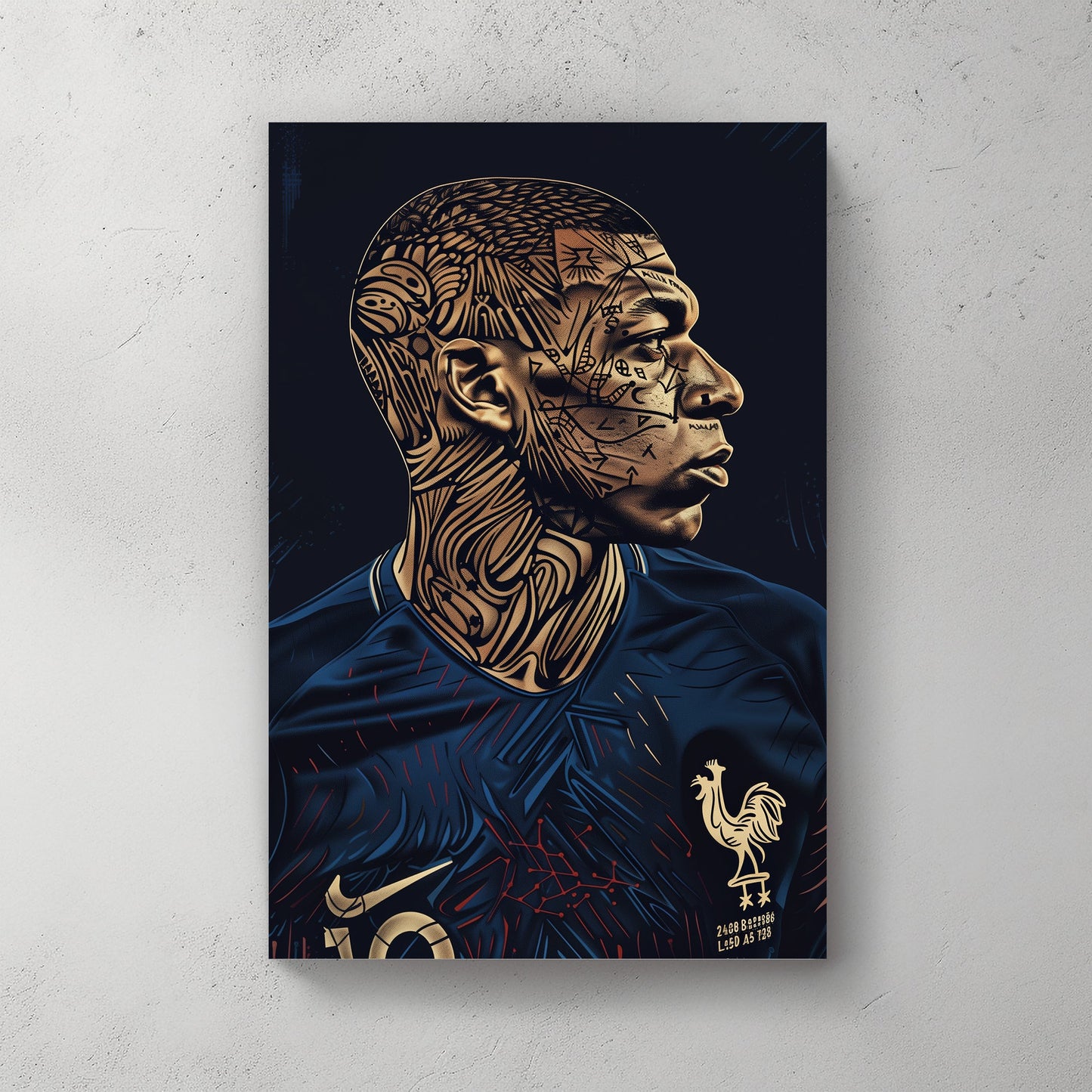 A manipulated image of Kylian Mbappe on a dark background available on canvas and metal print