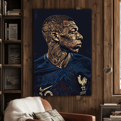 A manipulated image of Kylian Mbappe on a dark background available on canvas and metal print