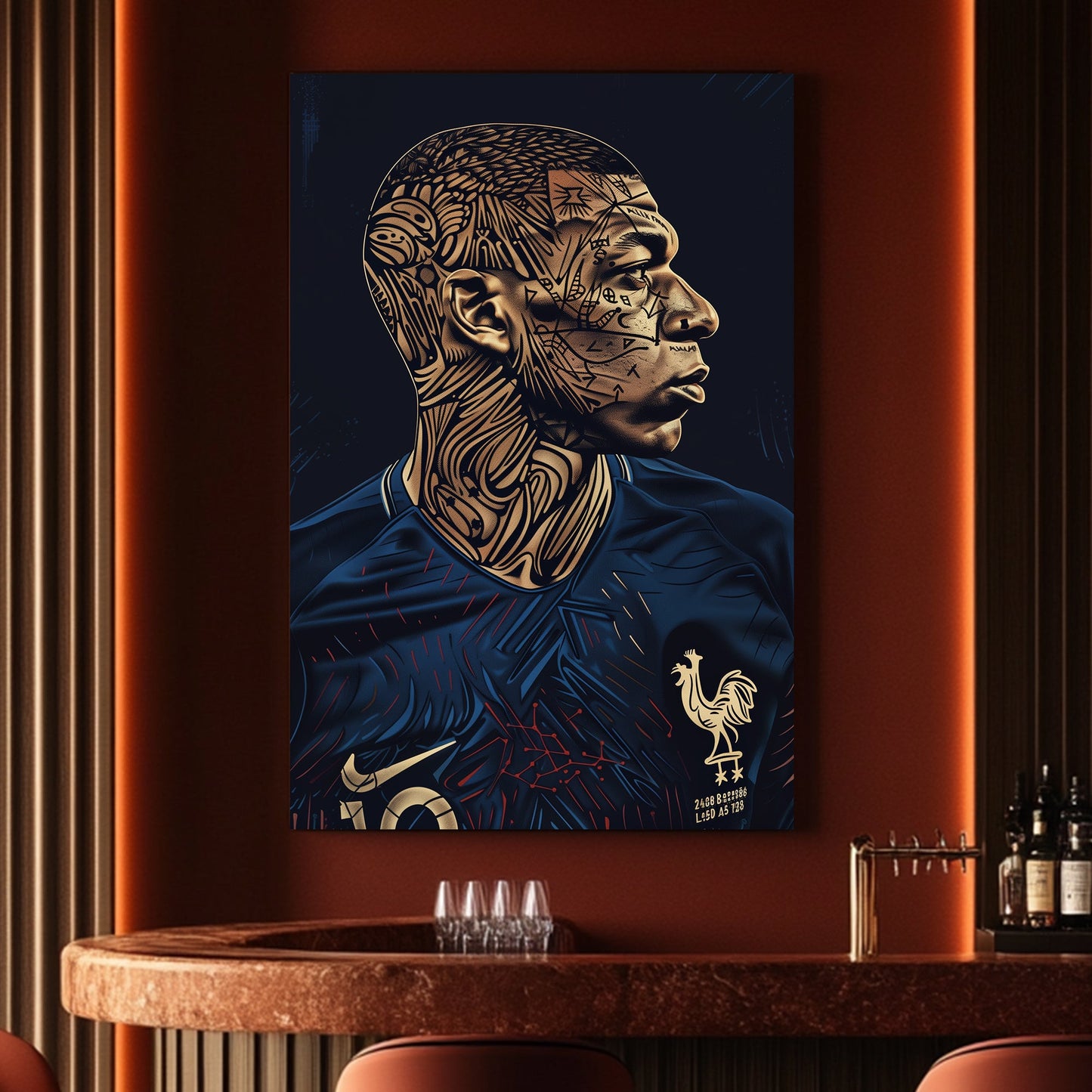 A manipulated image of Kylian Mbappe on a dark background available on canvas and metal print