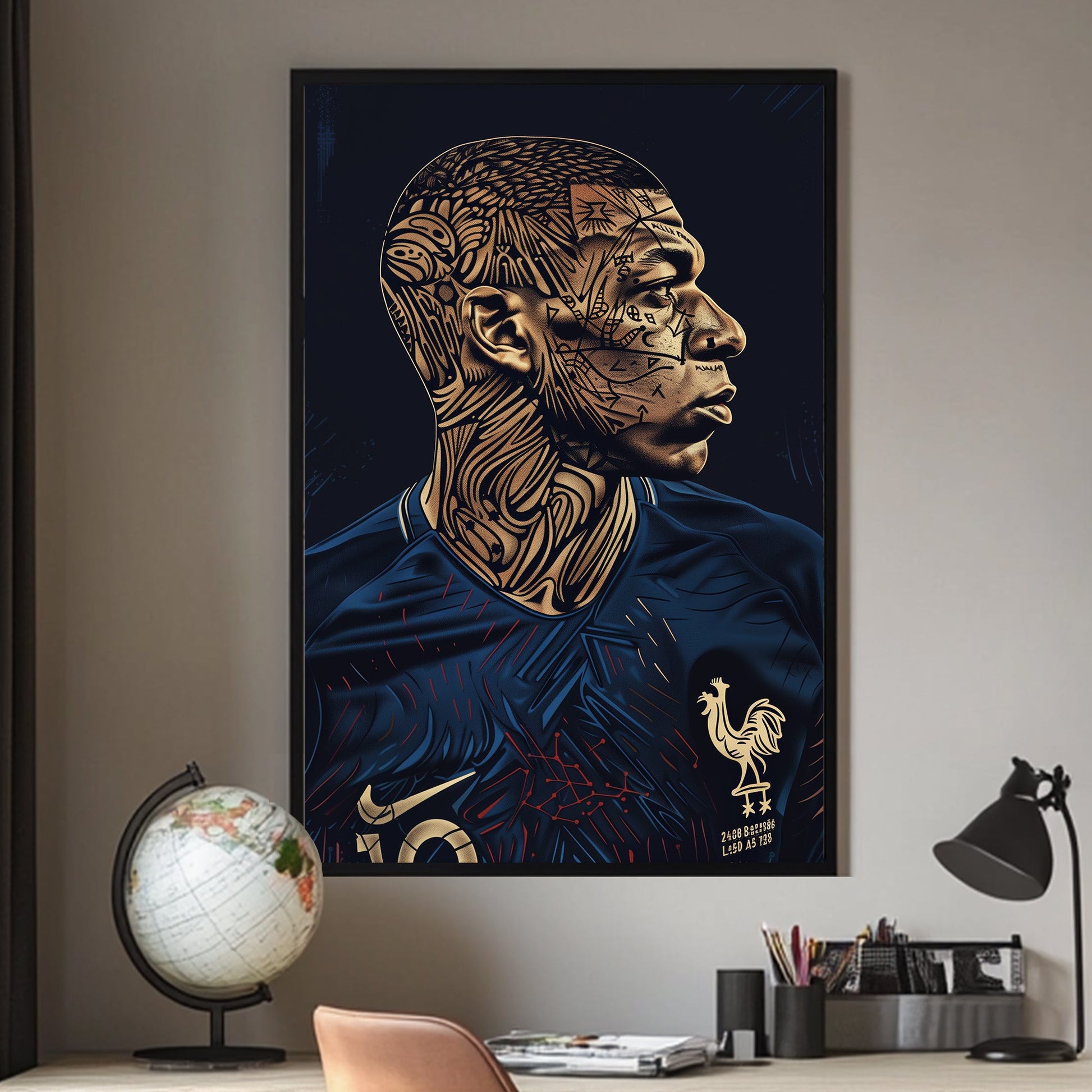 A manipulated image of Kylian Mbappe on a dark background available on canvas and metal print