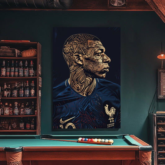 A manipulated image of Kylian Mbappe on a dark background available on canvas and metal print