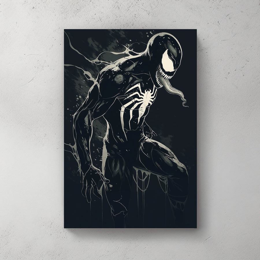 A striking image of Venom in black and white available on canvas and metal print