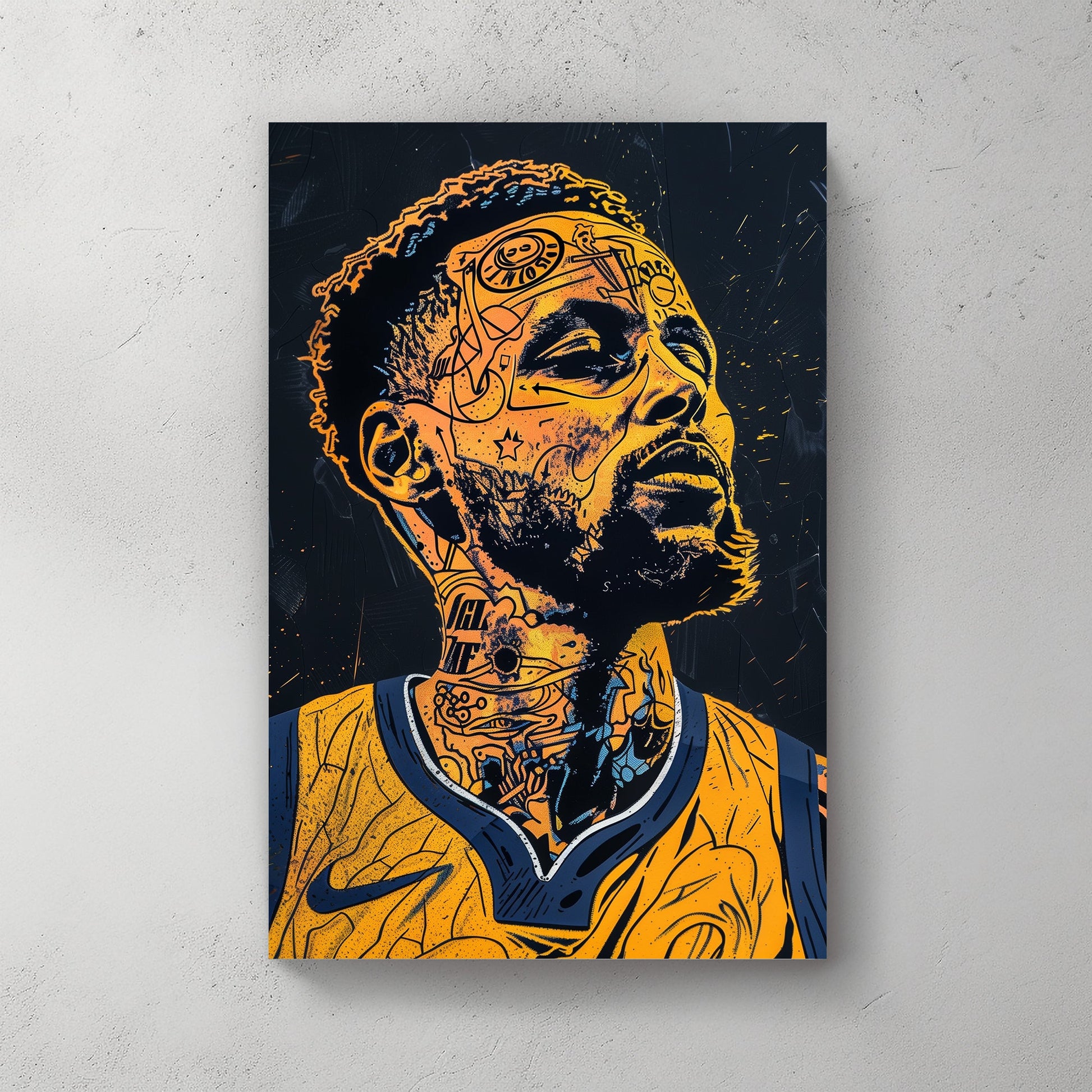 A graphical portrait of Stephen Curry available on canvas and metal print