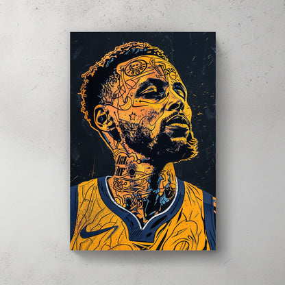 A graphical portrait of Stephen Curry available on canvas and metal print