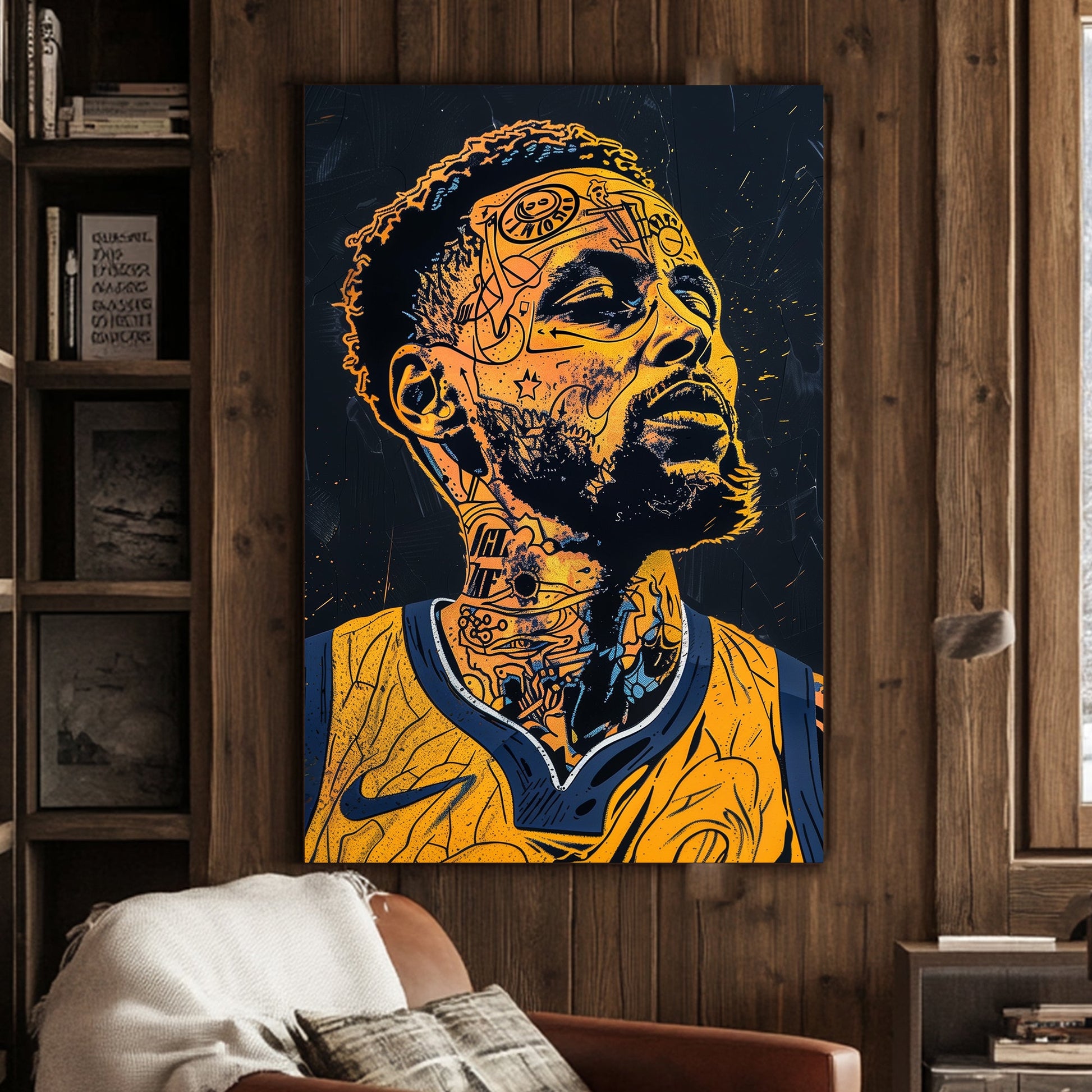 A graphical portrait of Stephen Curry available on canvas and metal print