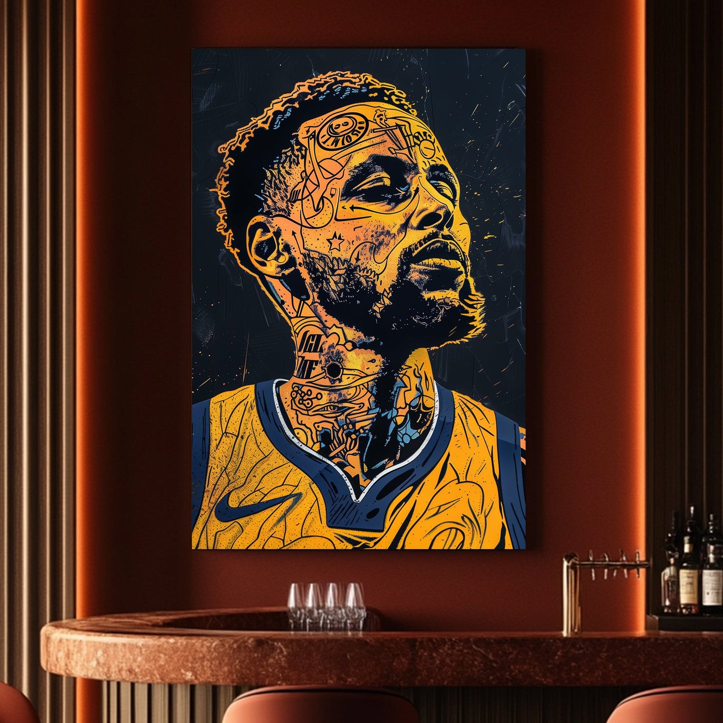 A graphical portrait of Stephen Curry available on canvas and metal print