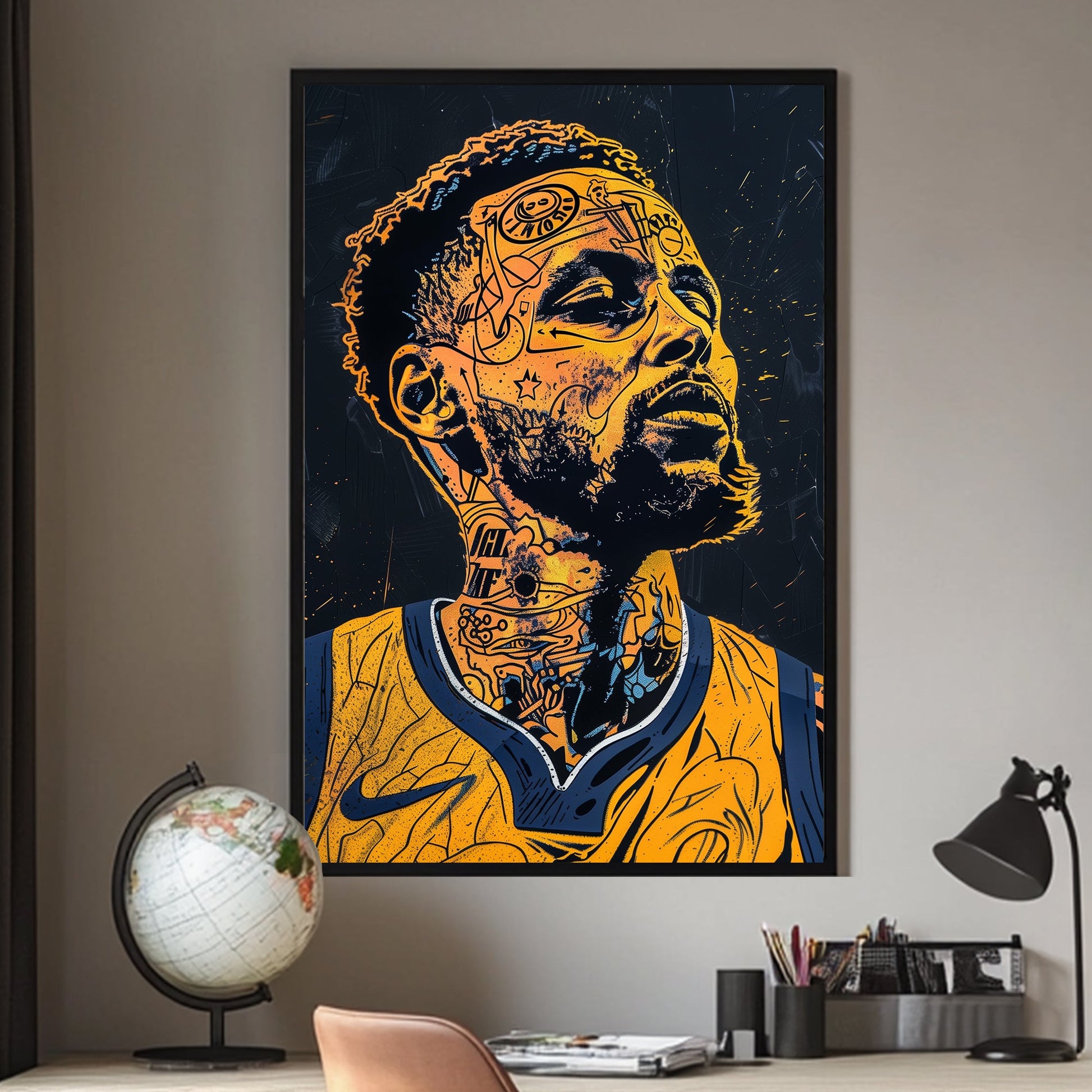 A graphical portrait of Stephen Curry available on canvas and metal print