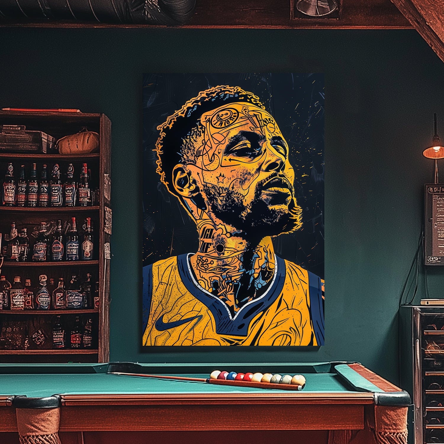 A graphical portrait of Stephen Curry available on canvas and metal print