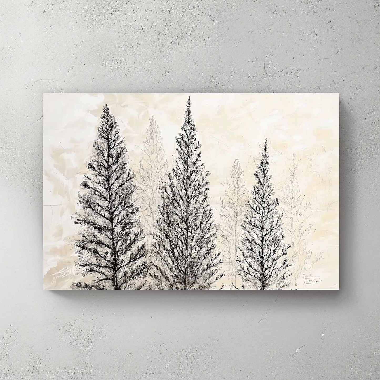 Sketch of pine trees on a muted background, nature-inspired minimalist artwork.