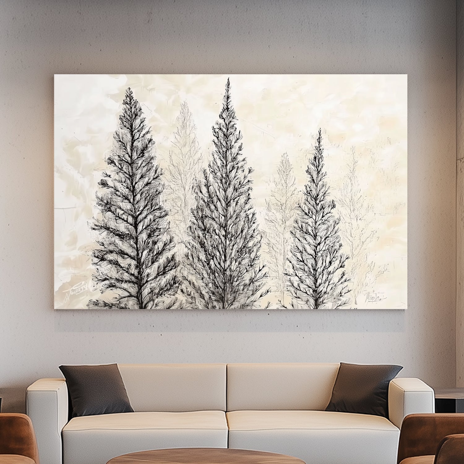 Sketch of pine trees on a muted background, nature-inspired minimalist artwork.