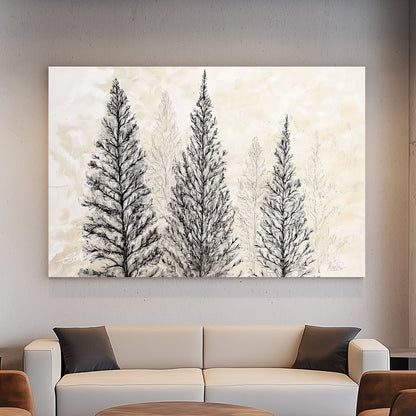 Sketch of pine trees on a muted background, nature-inspired minimalist artwork.