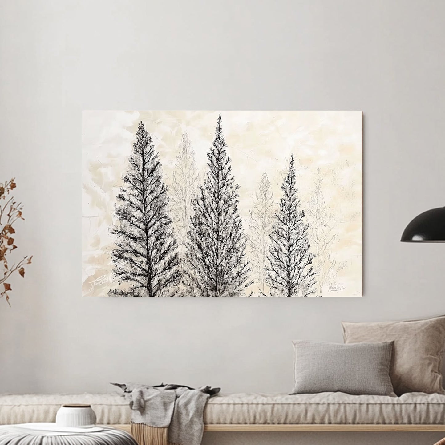 Sketch of pine trees on a muted background, nature-inspired minimalist artwork.