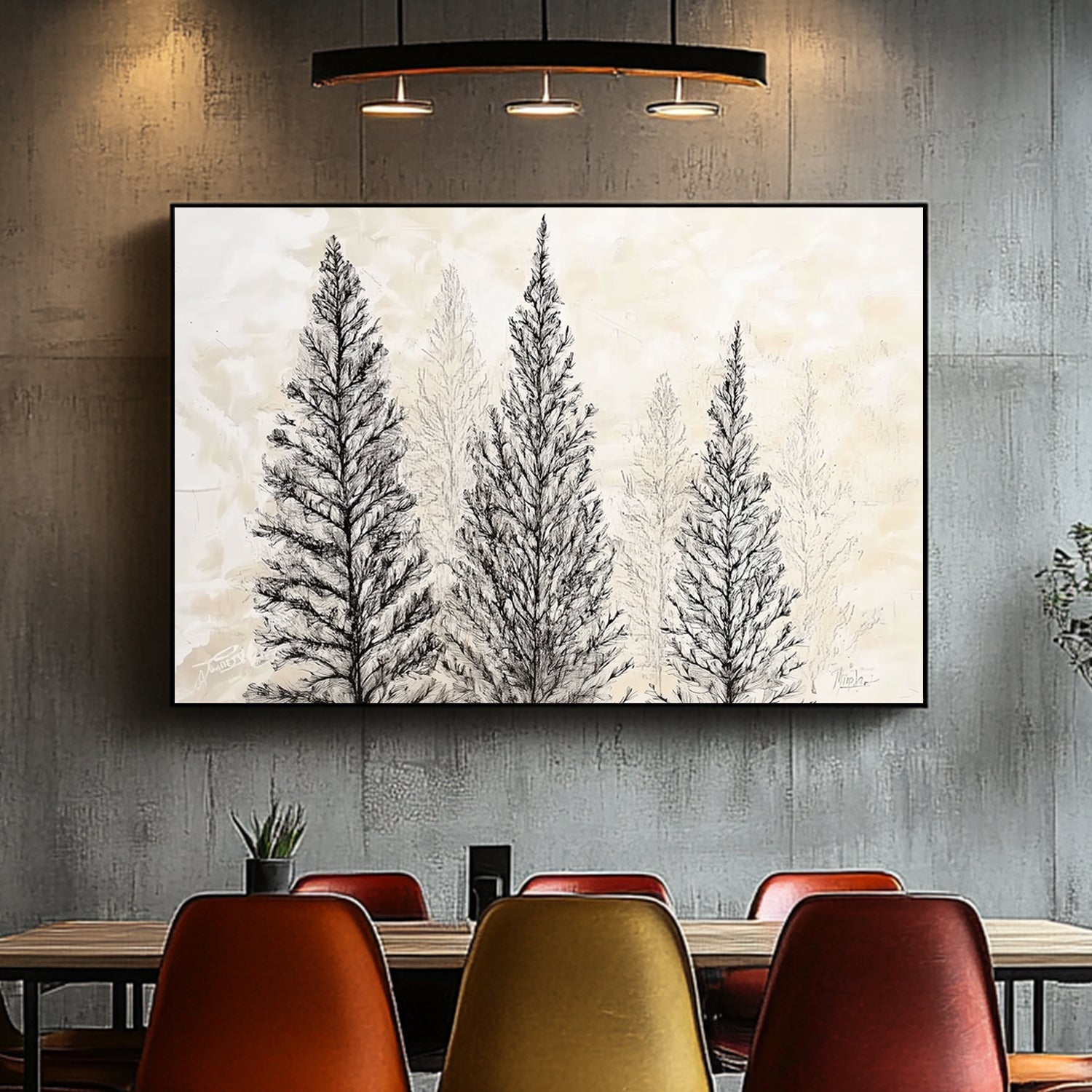 Sketch of pine trees on a muted background, nature-inspired minimalist artwork.