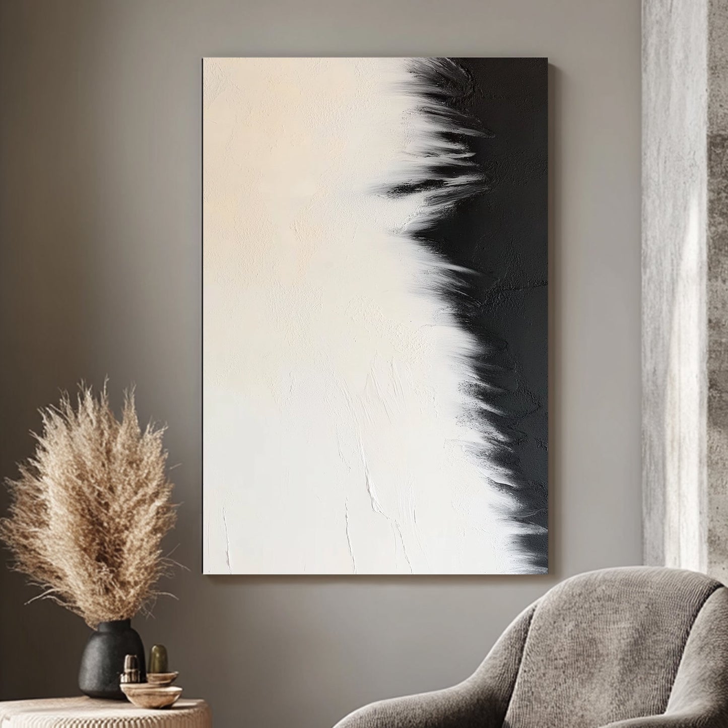 A striking abstract that blends soft whites and bold blacks, creating a seamless gradient. Perfect for modern decor. canvas wall art portrait landscape