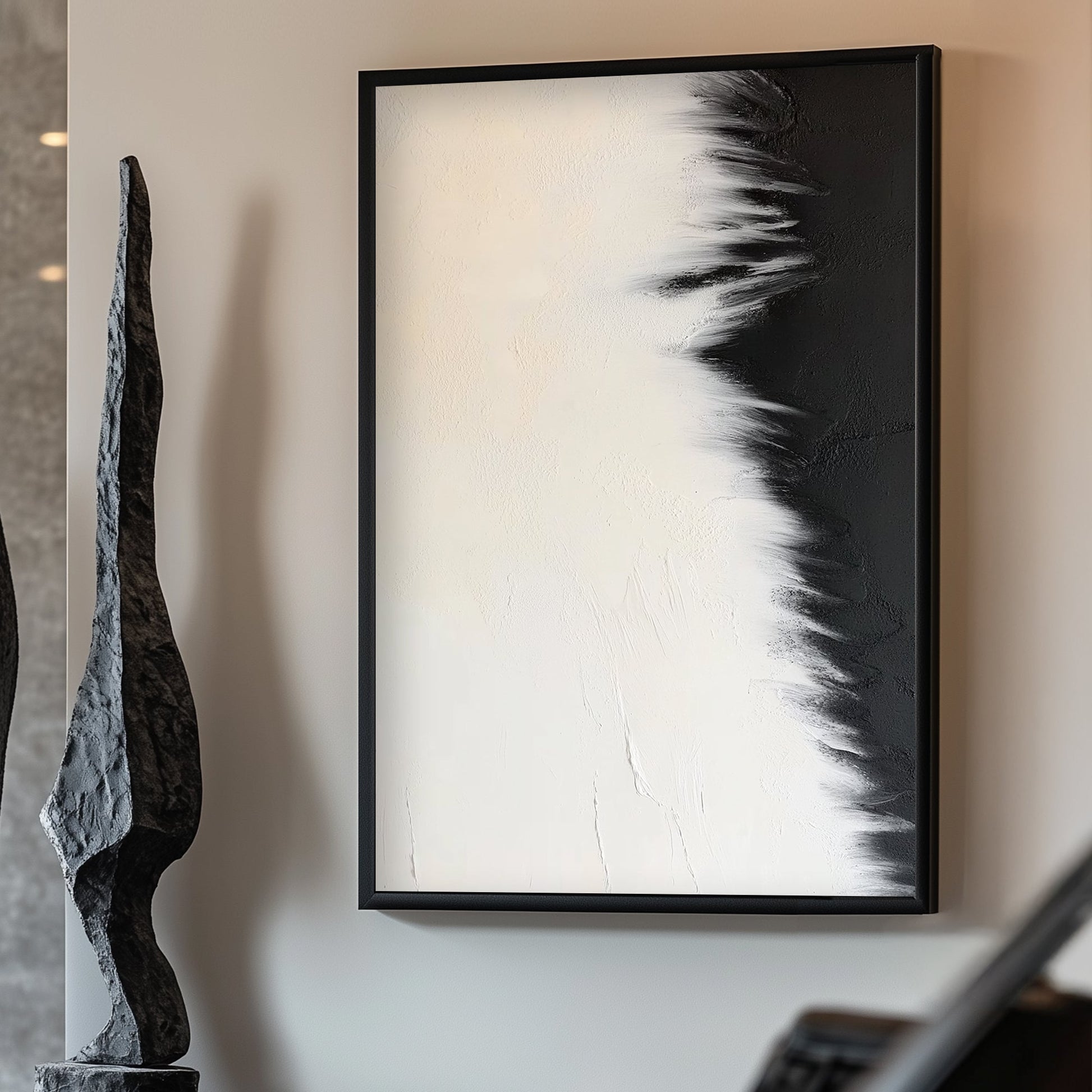 A striking abstract that blends soft whites and bold blacks, creating a seamless gradient. Perfect for modern decor. canvas wall art portrait landscape