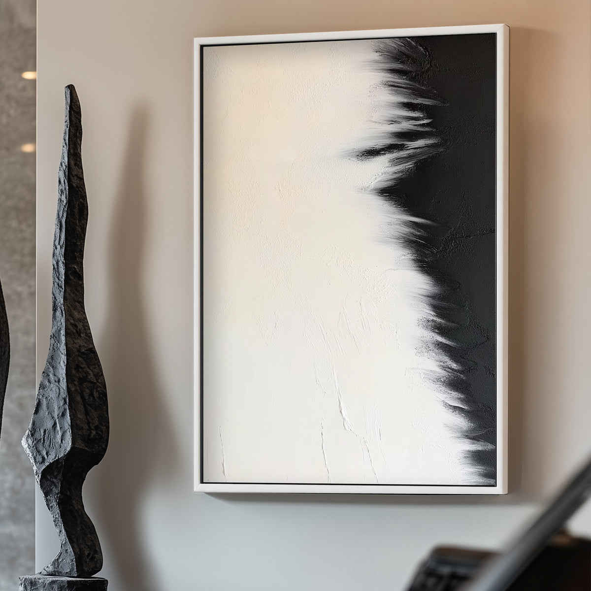 A striking abstract that blends soft whites and bold blacks, creating a seamless gradient. Perfect for modern decor. canvas wall art portrait landscape