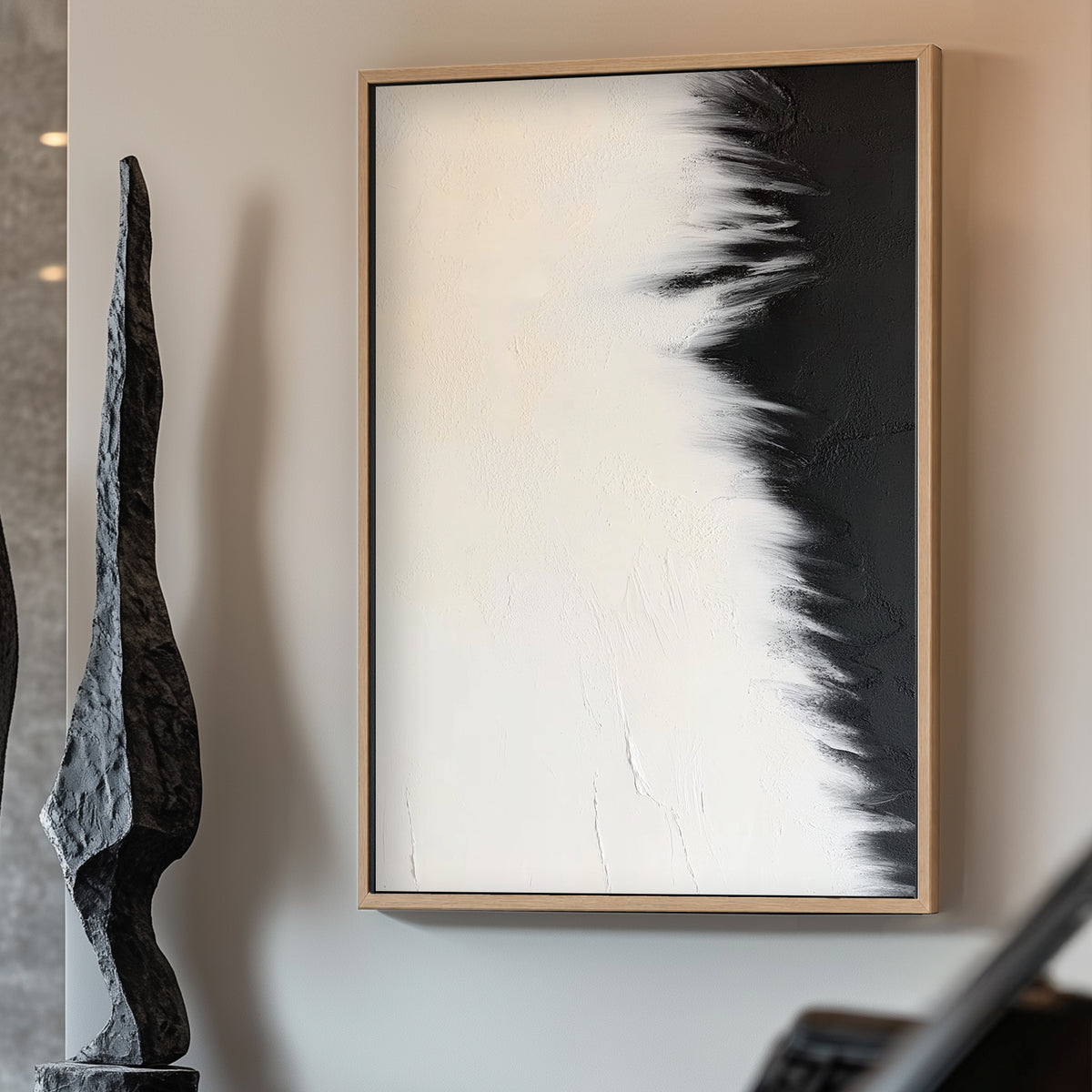 A striking abstract that blends soft whites and bold blacks, creating a seamless gradient. Perfect for modern decor. canvas wall art portrait landscape
