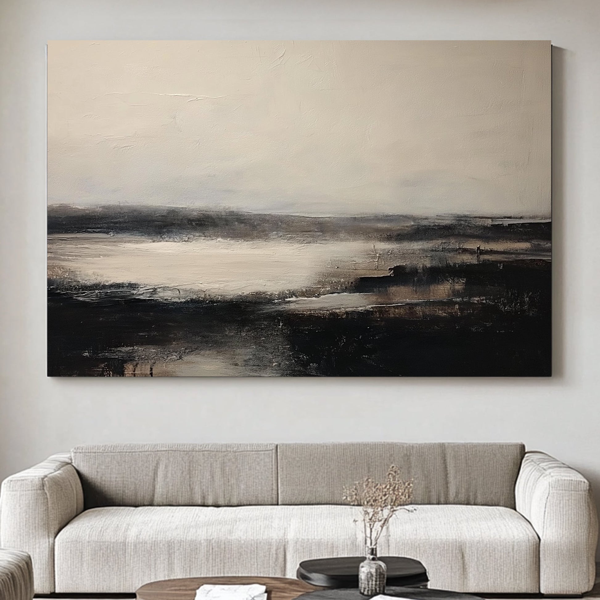 A serene, atmospheric landscape capturing the quiet beauty of dawn. The subtle greys and muted tones. Perfect for modern decor. canvas wall art abstract portrait