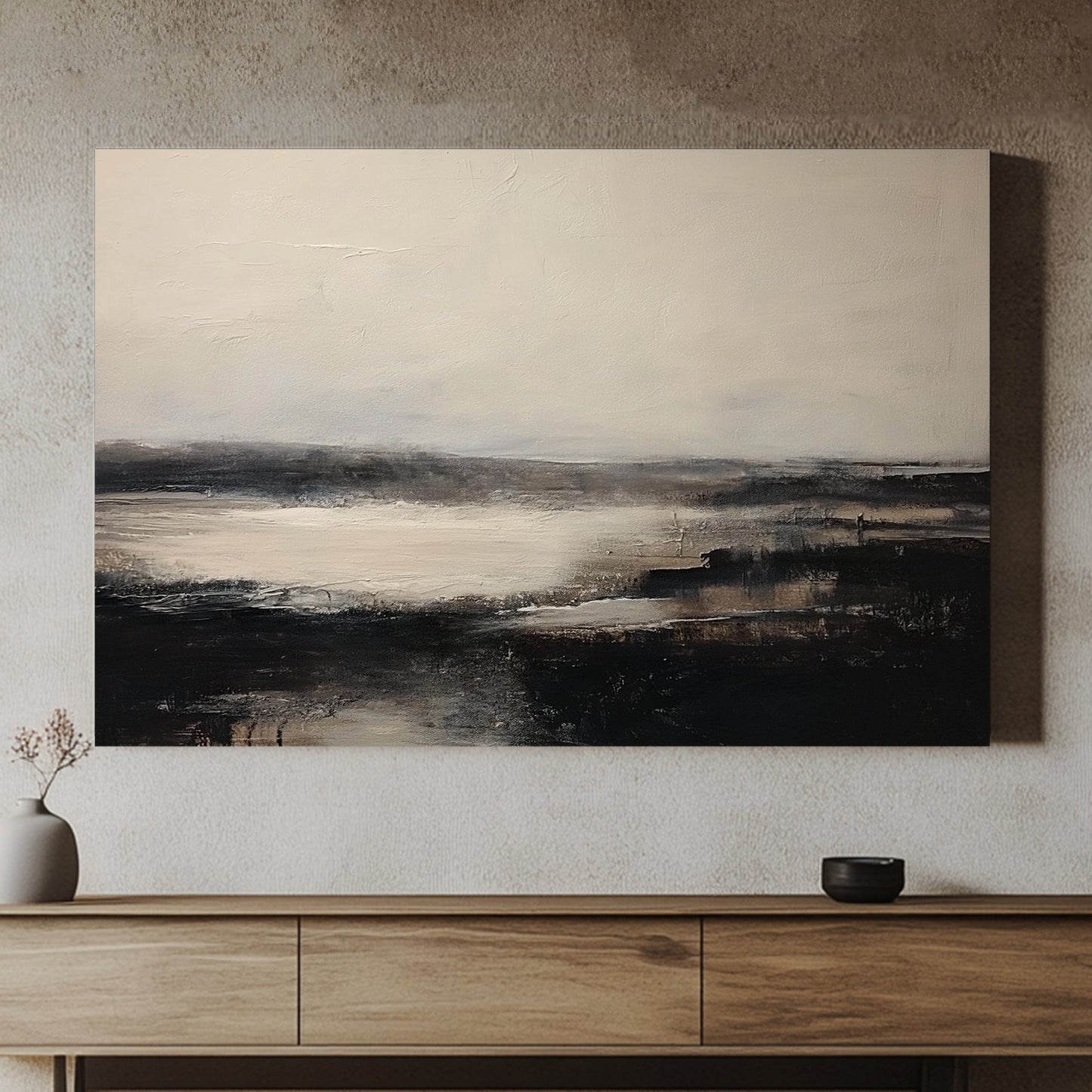 A serene, atmospheric landscape capturing the quiet beauty of dawn. The subtle greys and muted tones. Perfect for modern decor. canvas wall art abstract portrait