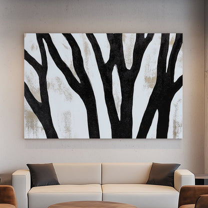 Minimalist black tree silhouettes on a textured white background.