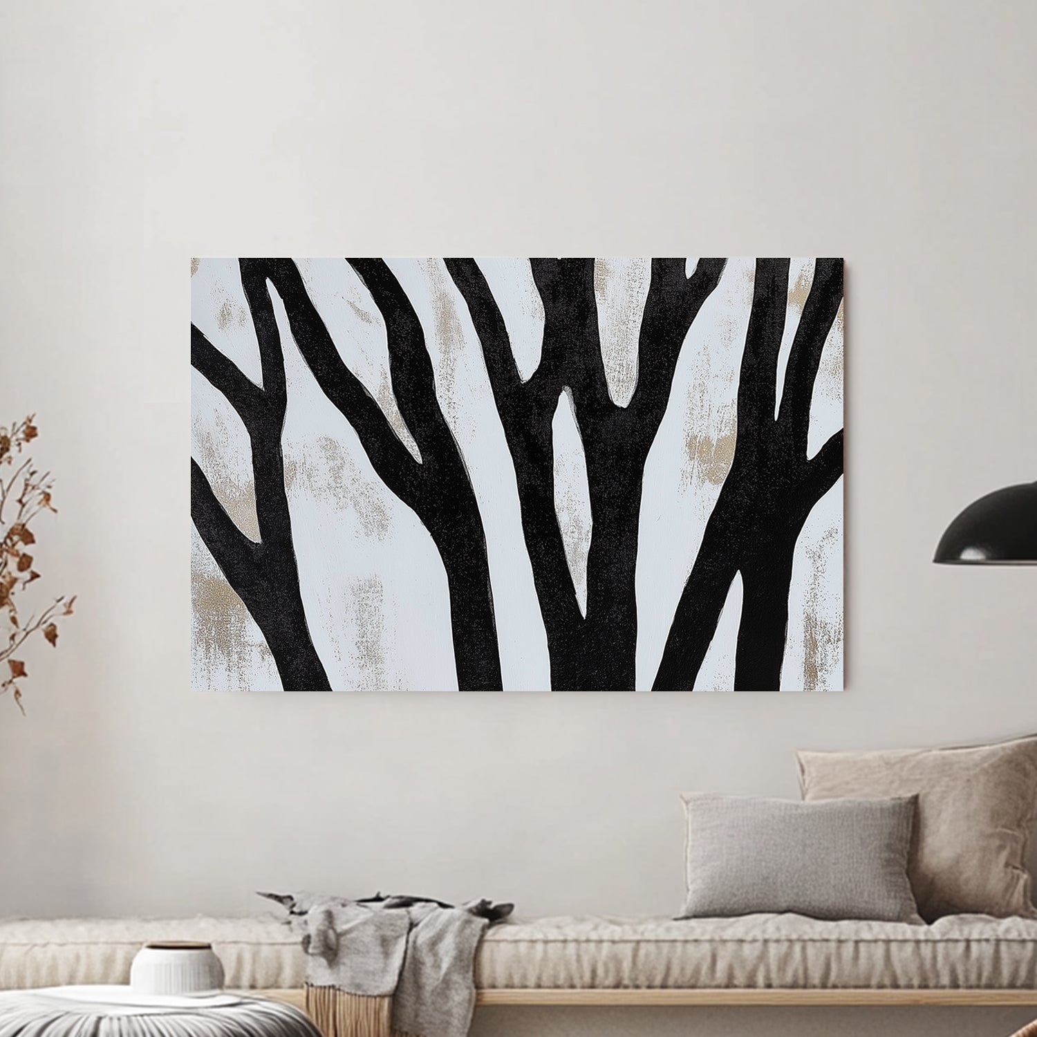 Minimalist black tree silhouettes on a textured white background.