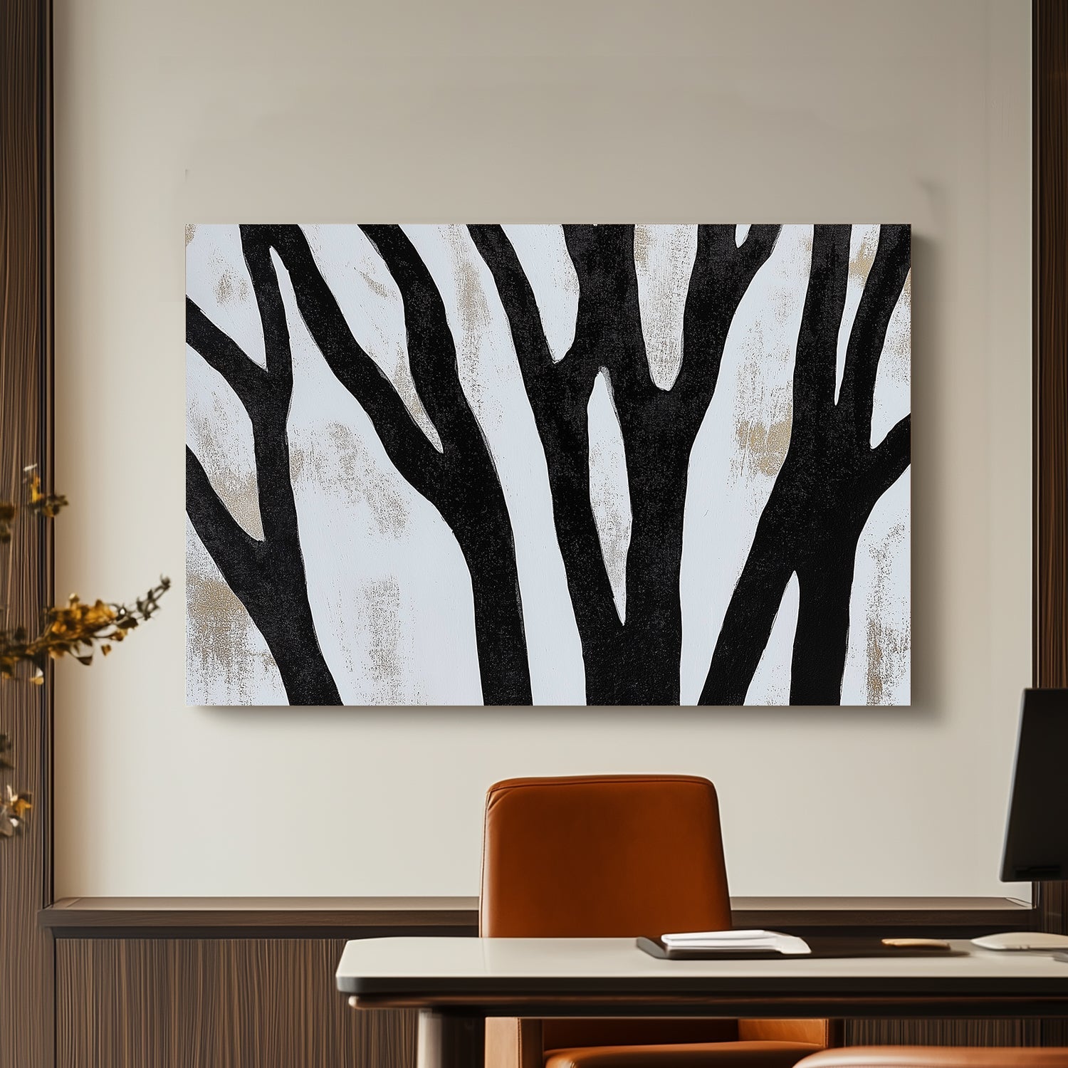 Minimalist black tree silhouettes on a textured white background.