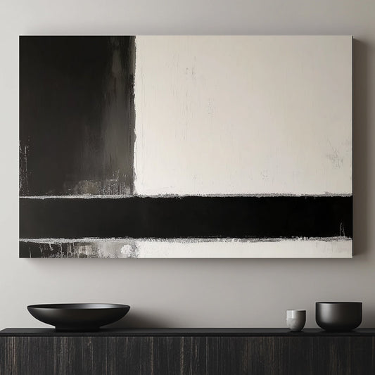 A minimalist composition in stark black and white, evoking a sense of balance and tranquility. Perfect for modern decor. canvas wall art abstract portrait landscape