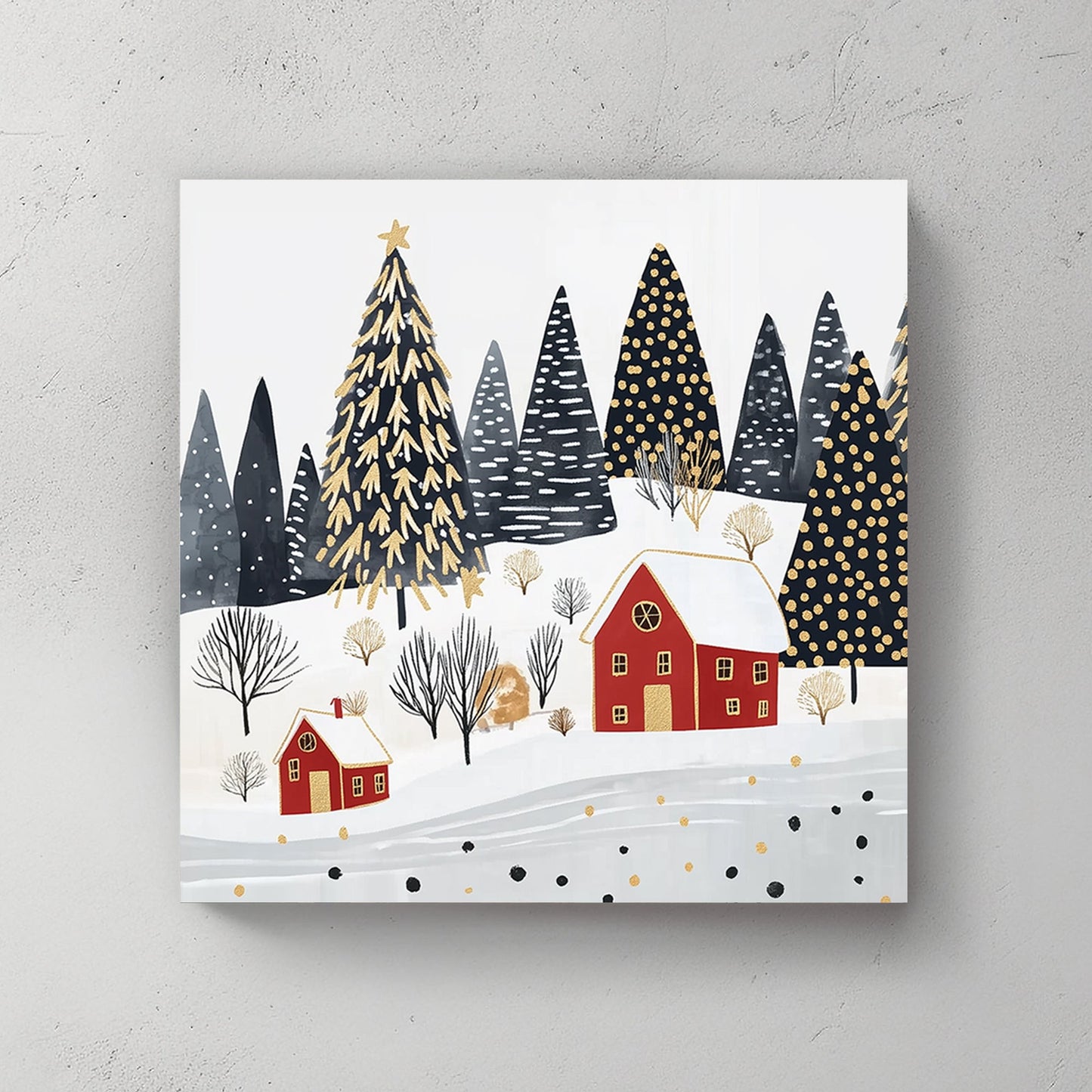 Festive winter scene with red cottages, golden accents, and snow-dusted evergreen trees.