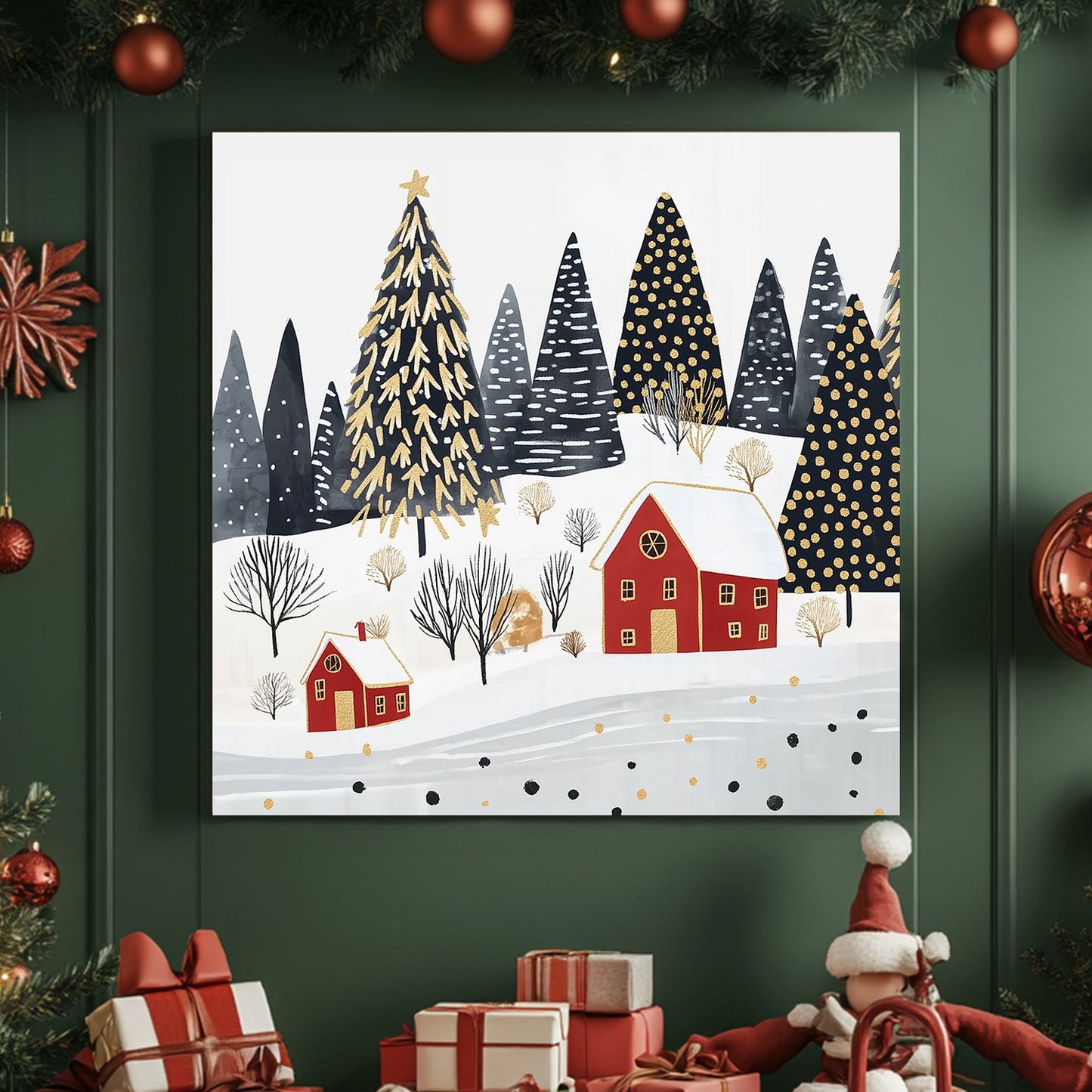 Festive winter scene with red cottages, golden accents, and snow-dusted evergreen trees.