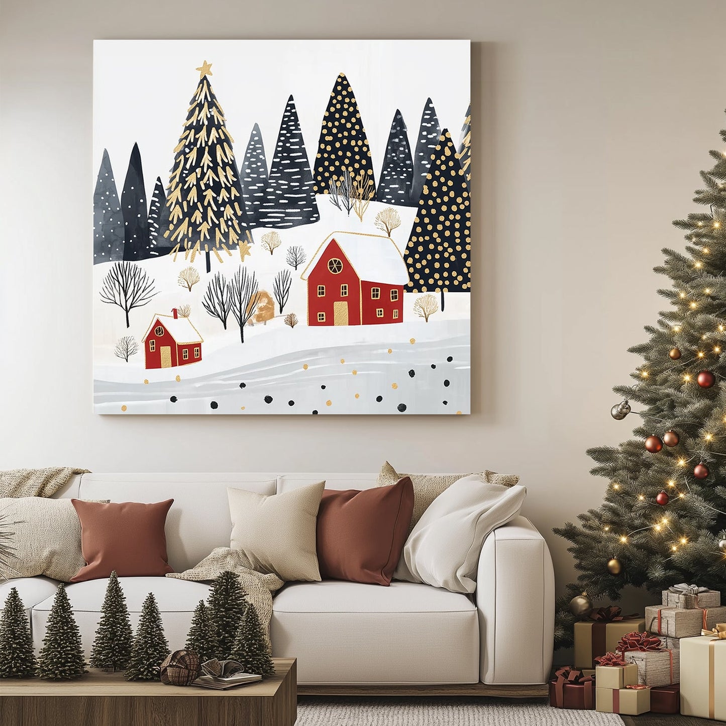 Festive winter scene with red cottages, golden accents, and snow-dusted evergreen trees.