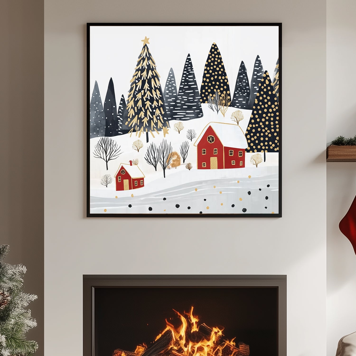 Festive winter scene with red cottages, golden accents, and snow-dusted evergreen trees.