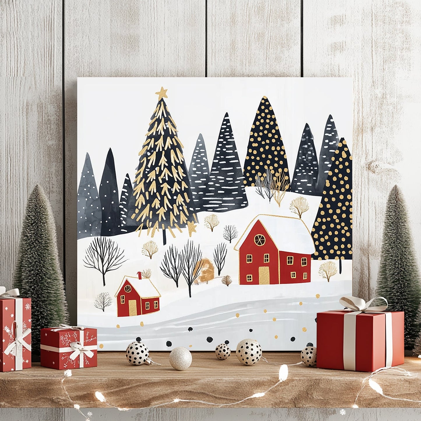 Festive winter scene with red cottages, golden accents, and snow-dusted evergreen trees.