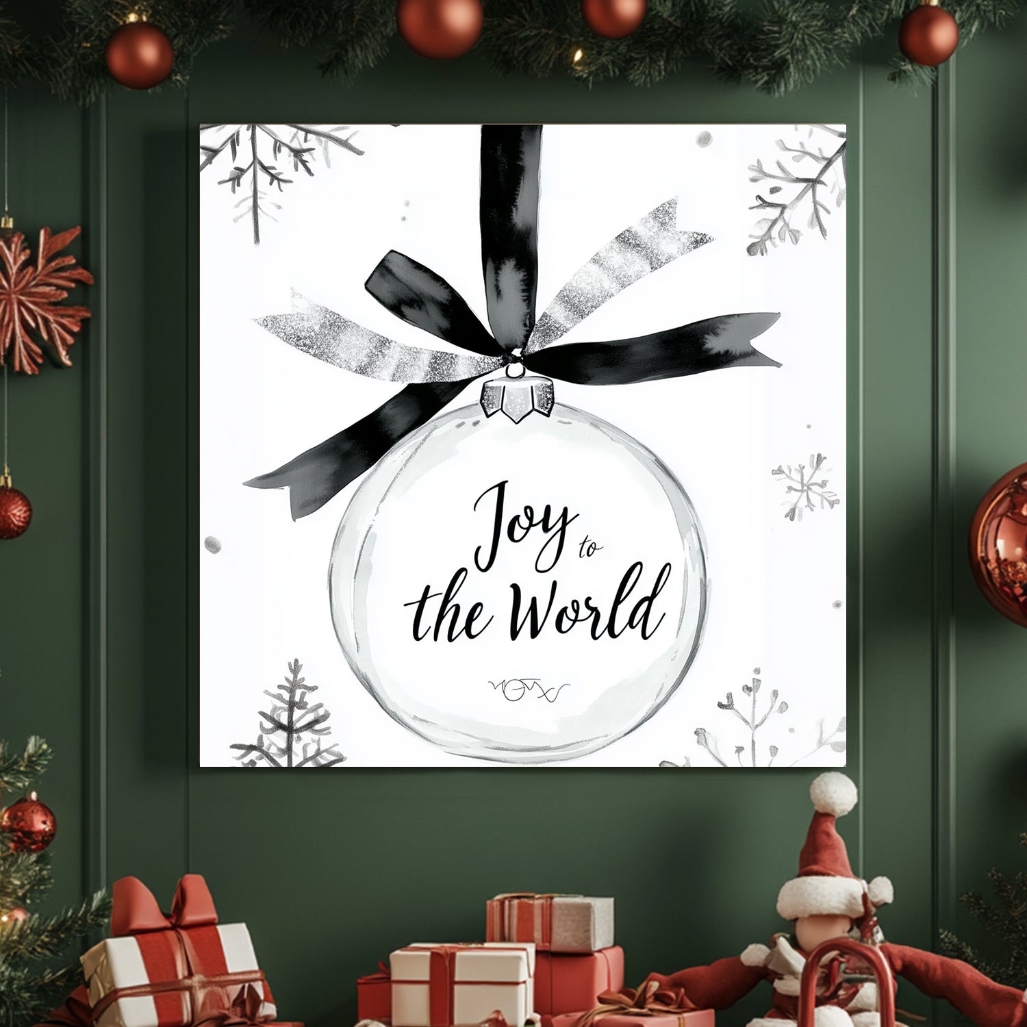 Black-and-white illustration of a holiday ornament with the phrase “Joy to the World” and surrounding snowflakes.