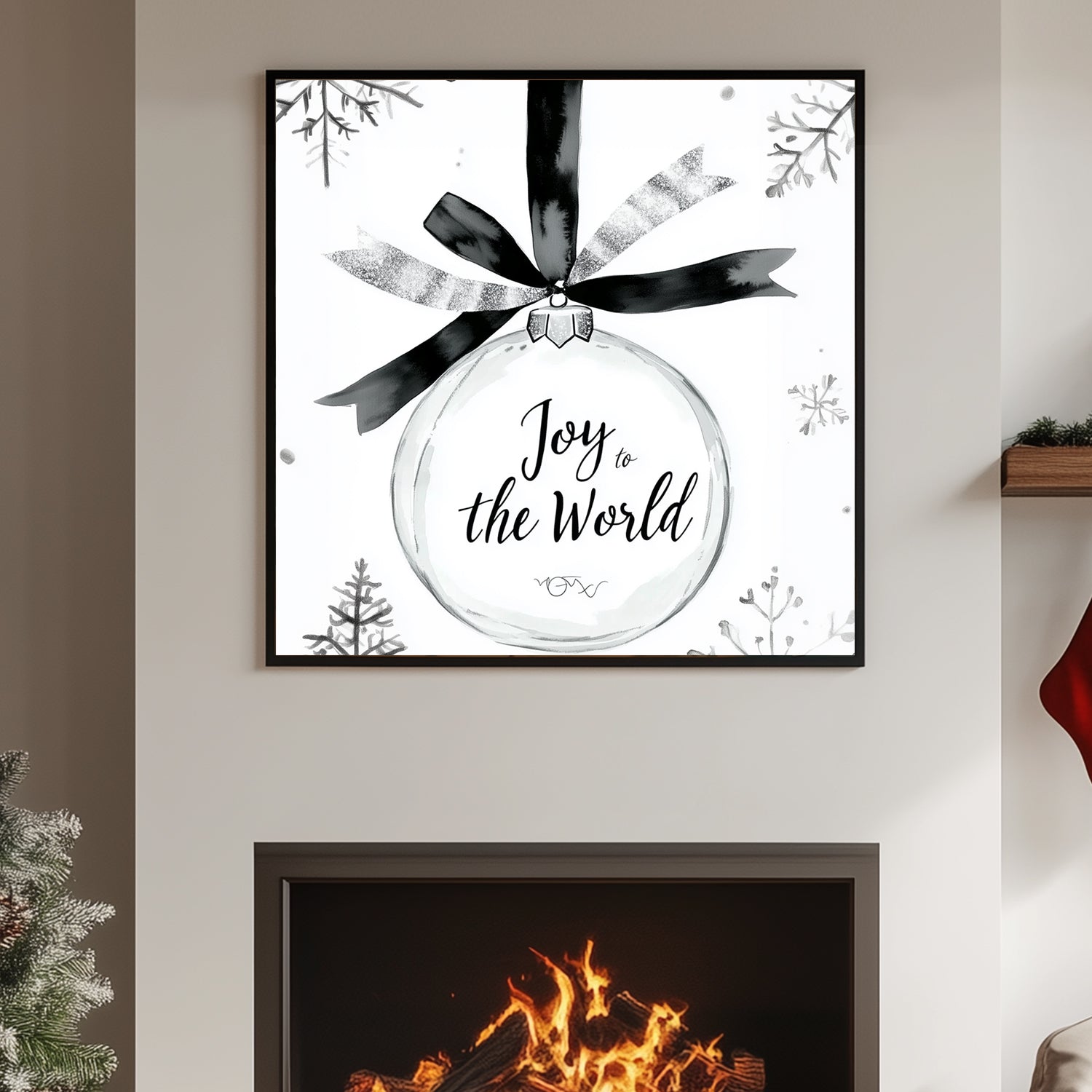 Black-and-white illustration of a holiday ornament with the phrase “Joy to the World” and surrounding snowflakes.