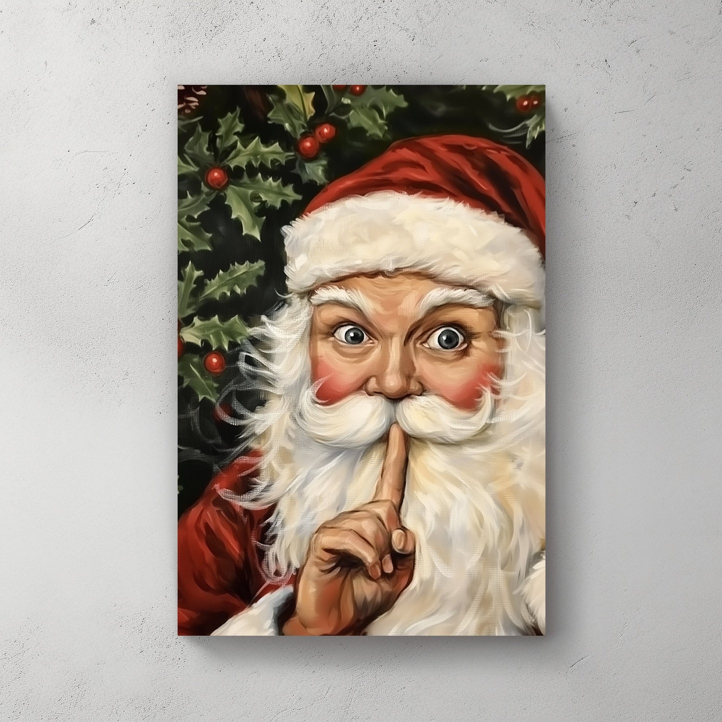 Traditional painting of Santa Claus with a finger to his lips, surrounded by holly and berries.