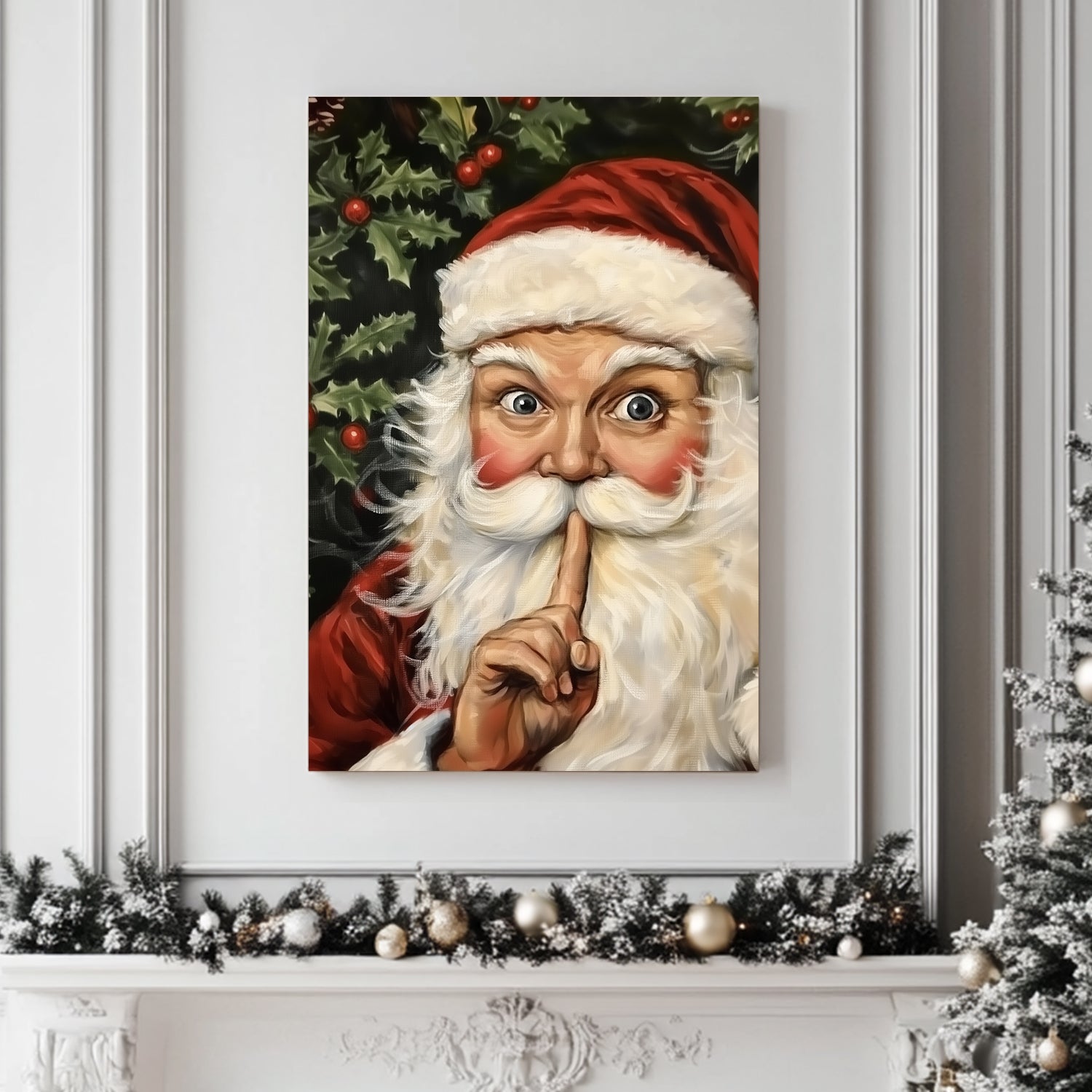 Traditional painting of Santa Claus with a finger to his lips, surrounded by holly and berries.