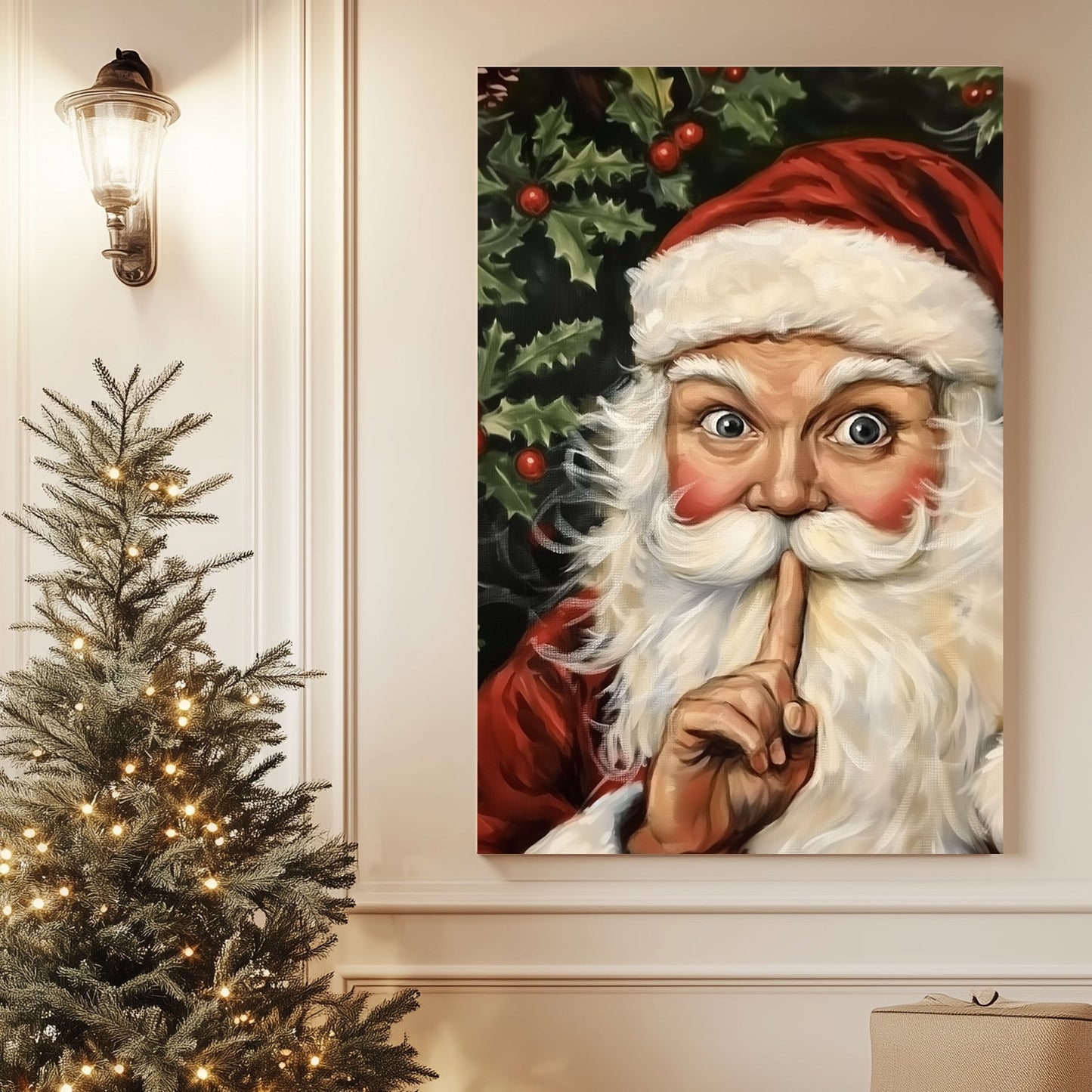 Traditional painting of Santa Claus with a finger to his lips, surrounded by holly and berries.