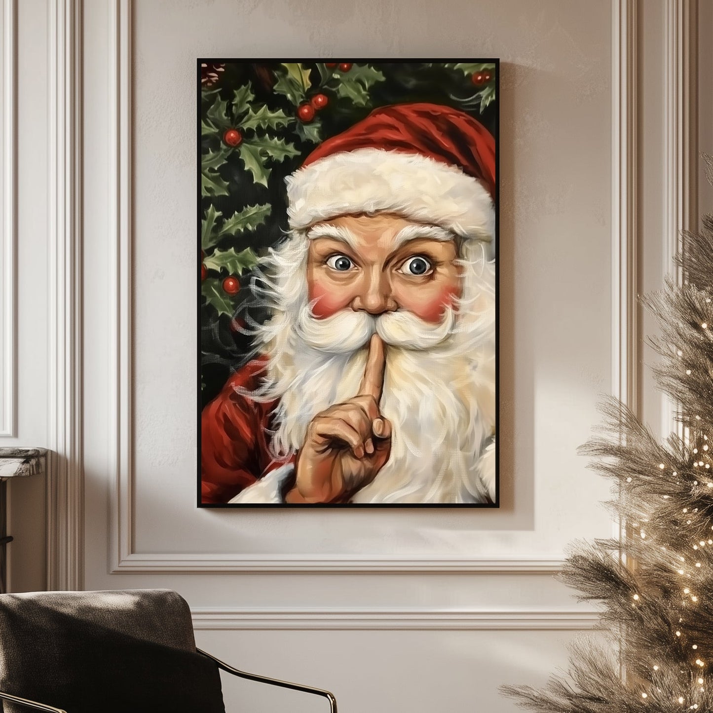 Traditional painting of Santa Claus with a finger to his lips, surrounded by holly and berries.