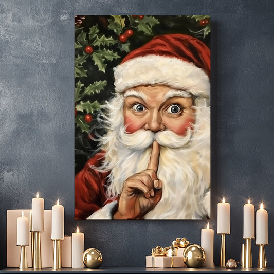 Traditional painting of Santa Claus with a finger to his lips, surrounded by holly and berries.