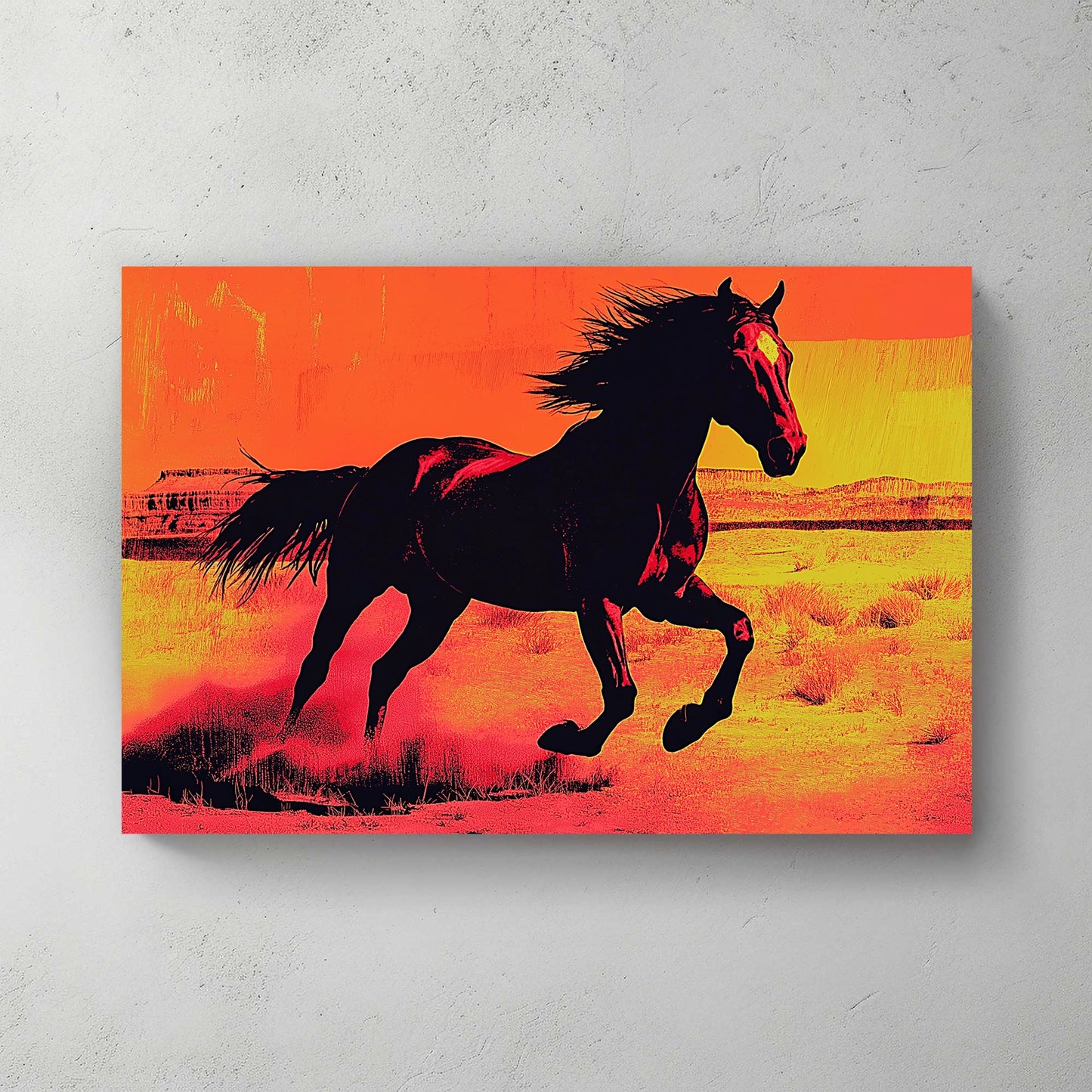 A powerful silhouette of a horse racing through the desert, set against a vibrant orange backdrop. Perfect for modern decor. canvas wall art abstract portrait landscape