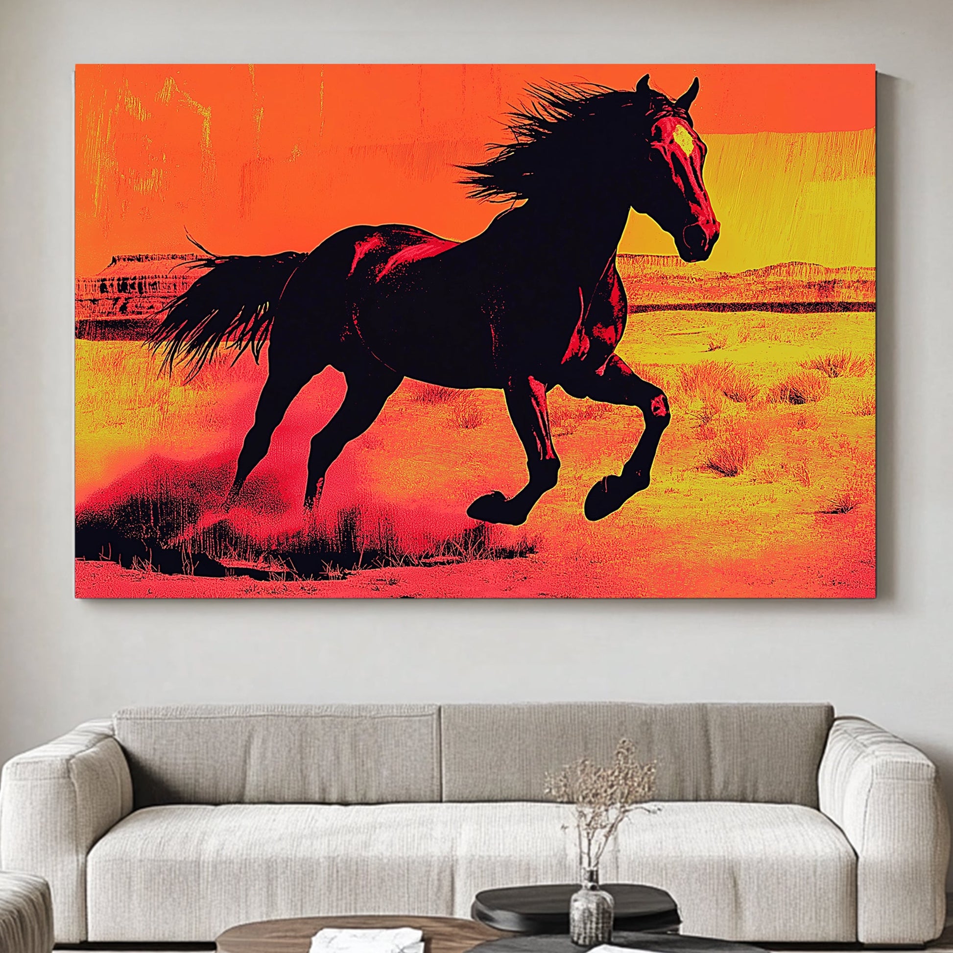 A powerful silhouette of a horse racing through the desert, set against a vibrant orange backdrop. Perfect for modern decor. canvas wall art abstract portrait landscape