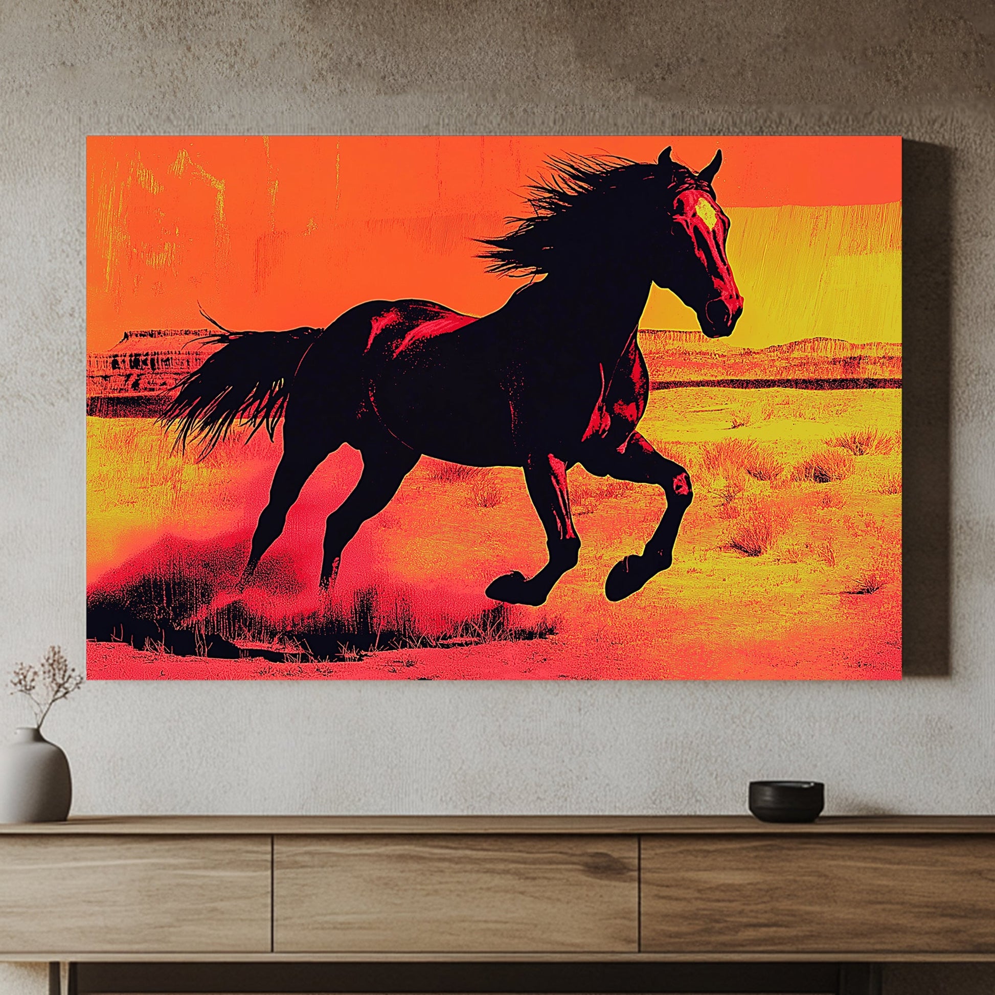 A powerful silhouette of a horse racing through the desert, set against a vibrant orange backdrop. Perfect for modern decor. canvas wall art abstract portrait landscape