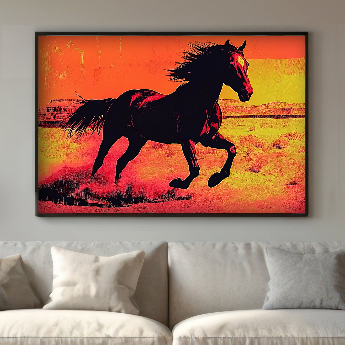 A powerful silhouette of a horse racing through the desert, set against a vibrant orange backdrop. Perfect for modern decor. canvas wall art abstract portrait landscape