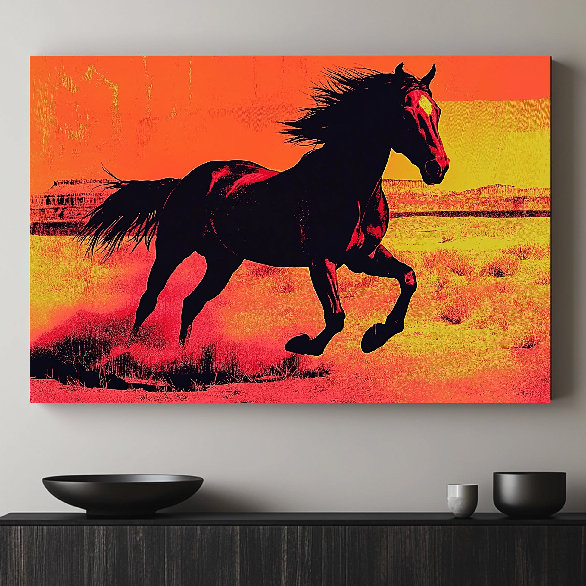 A powerful silhouette of a horse racing through the desert, set against a vibrant orange backdrop. Perfect for modern decor. canvas wall art abstract portrait landscape